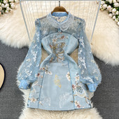 Rochie de dama cu broderie si dantela - culoare albastra