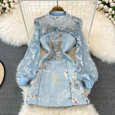 Rochie de dama cu broderie si dantela - culoare albastra