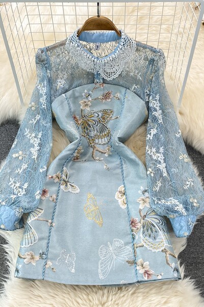 Rochie de dama cu broderie si dantela - culoare albastra