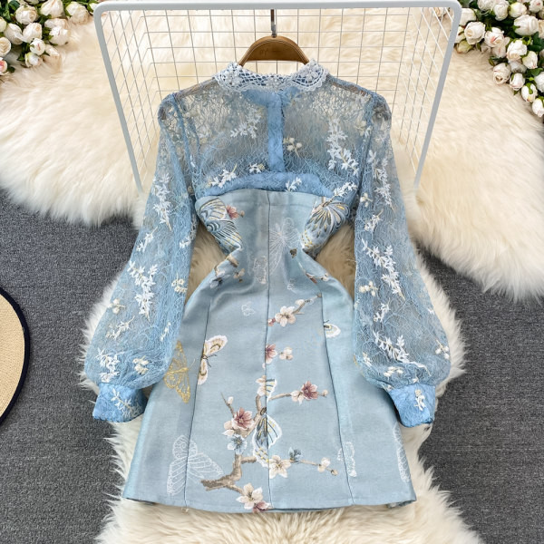 Rochie de dama cu broderie si dantela - culoare albastra