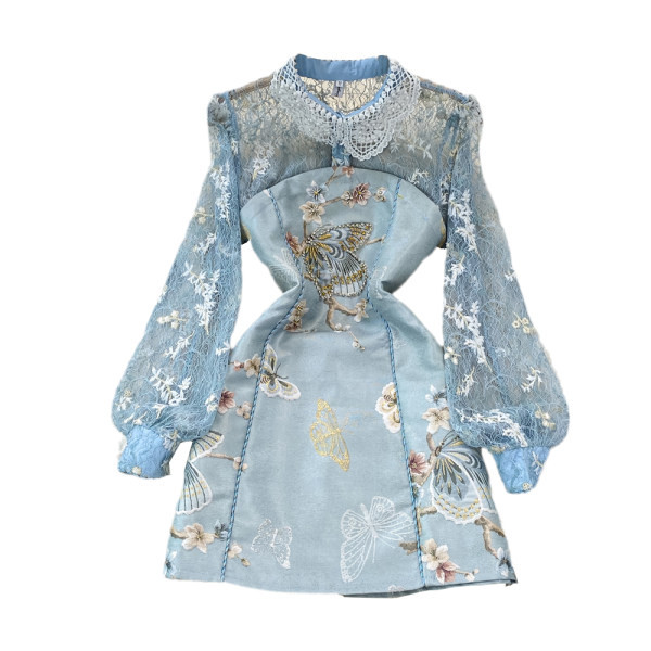 Rochie de dama cu broderie si dantela - culoare albastra