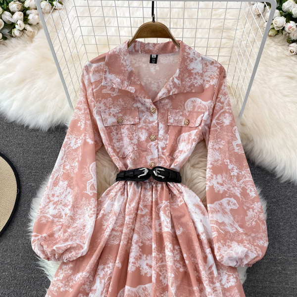 Naiste pikk tasku- ja vöökaunistusega kleit