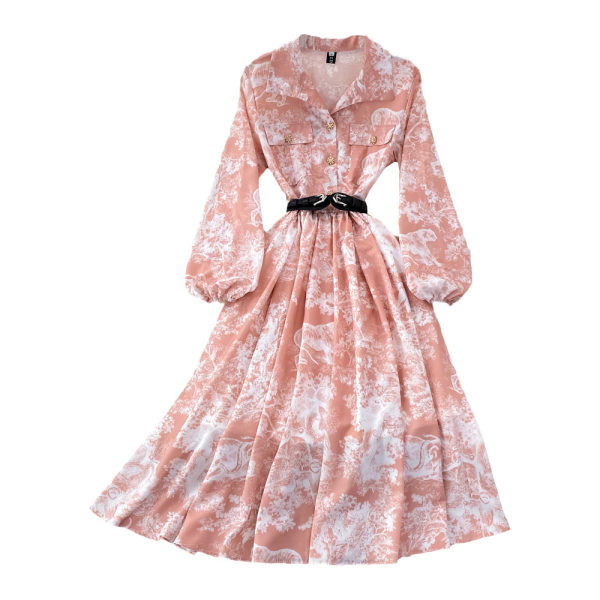 Naiste pikk tasku- ja vöökaunistusega kleit