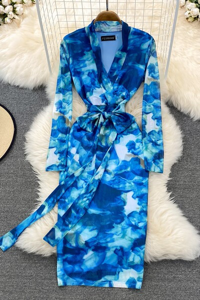 Naiste kleit vöökohal paelaga - sinine värv