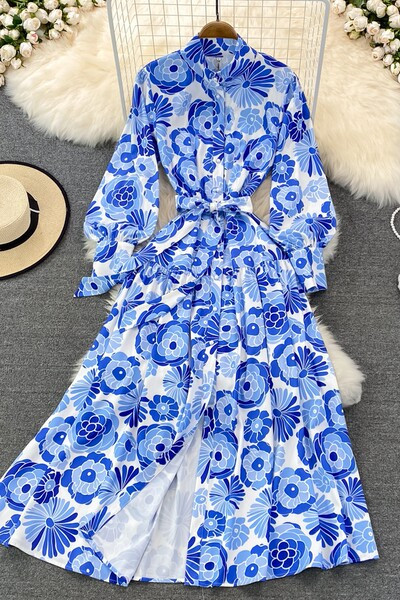 Γυναικείο φόρεμα με ζώνη με ψηλό γιακά και κούμπωμα με κουμπιά