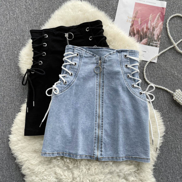 Fusta denim cu cravate si fermoar