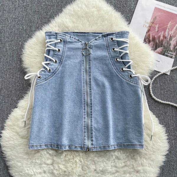 Fusta denim cu cravate si fermoar