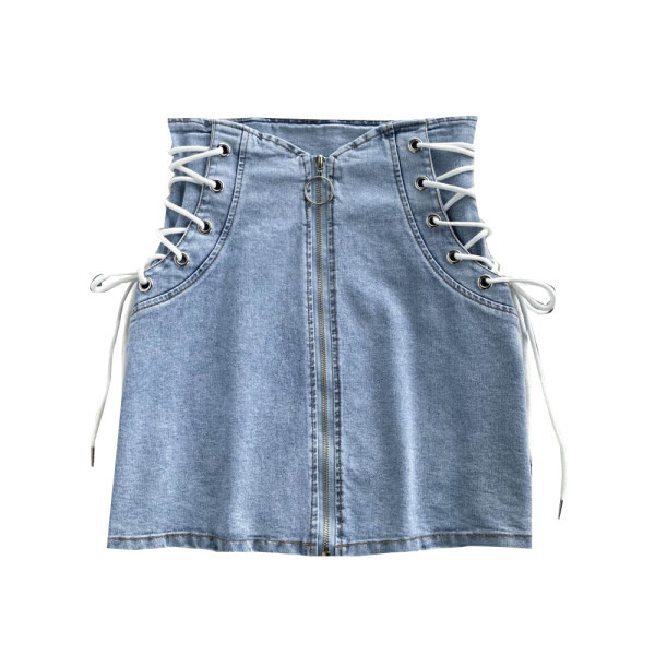 Fusta denim cu cravate si fermoar