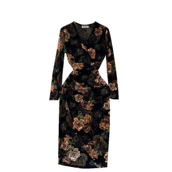 Stiilne naiste kleit spitsikaelusega ja lillemustriga