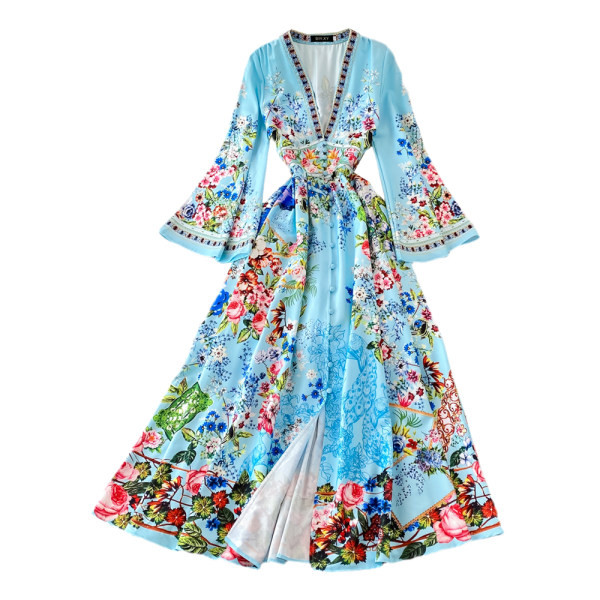 Rochie de vară decupată cu model floral și decolteu adânc