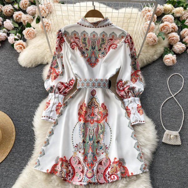 Värviline naiste kleit klassikalise krae ja vööga