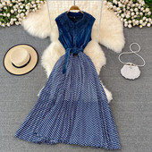 Naiste pikk täpiline kleit vööga