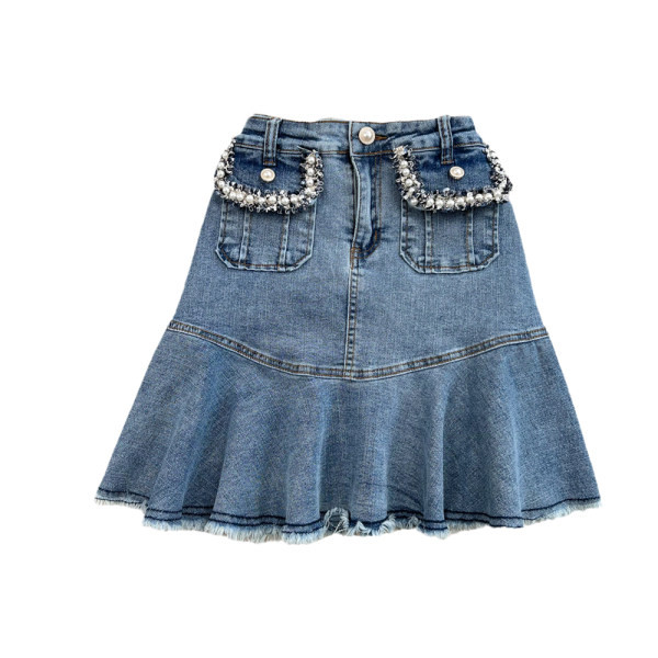 Lühike kõrge vöökohaga naiste teksaseelik – sinine värv