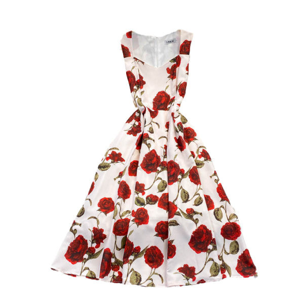 Moodne kandilise kaelusega ja lillemotiividega kleit