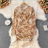 Pruuni värvi pikkade varrukatega naiste kleit