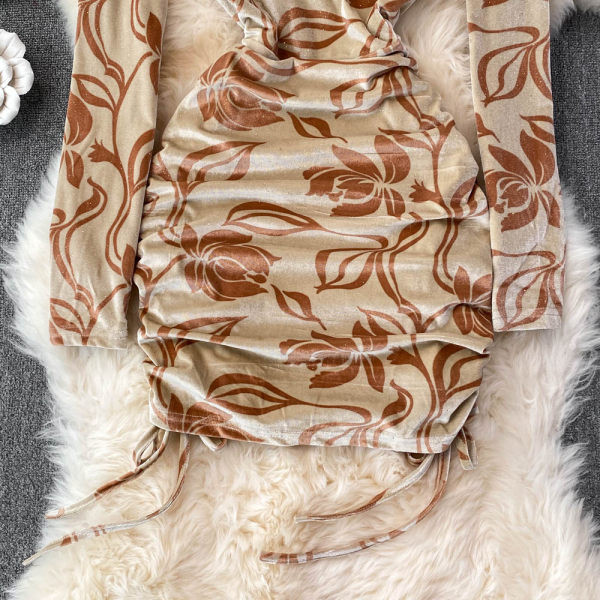 Pruuni värvi pikkade varrukatega naiste kleit