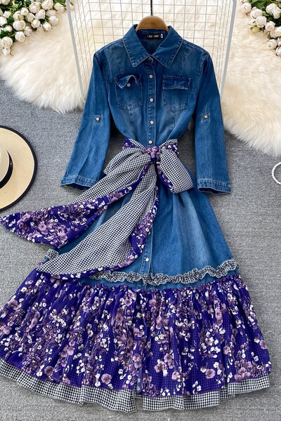 Denimlõikeline taskutega kleit