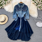 Rochie lunga de dama cu pietre decorative si guler clasic