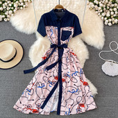 Kahes värvitoonis stiilne naiste nööpidega kleit