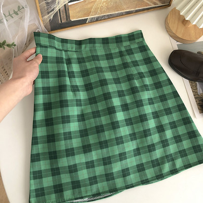 Lühike kõrge vöökohaga naiste ruuduline seelik