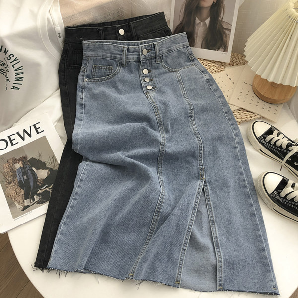 Fusta de dama lunga din denim cu talie inalta si cu fanta laterala