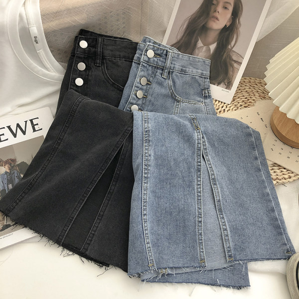 Fusta de dama lunga din denim cu talie inalta si cu fanta laterala