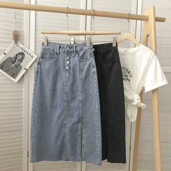 Fusta de dama lunga din denim cu talie inalta si cu fanta laterala