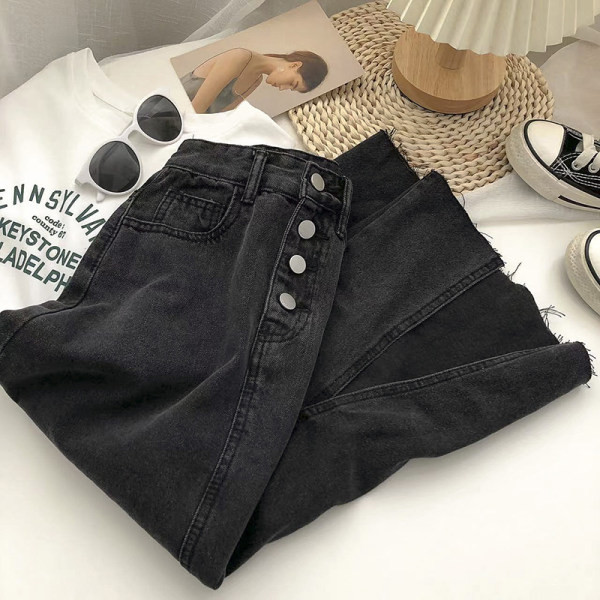 Fusta de dama lunga din denim cu talie inalta si cu fanta laterala