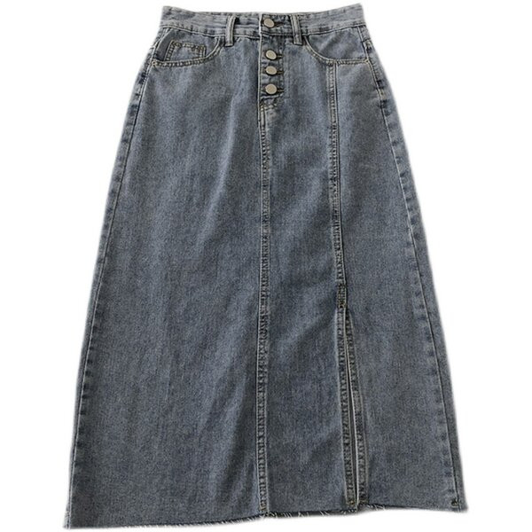 Fusta de dama lunga din denim cu talie inalta si cu fanta laterala