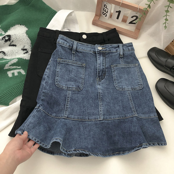 Naiste kõrge vöökoha ja taskutega teksaseelik