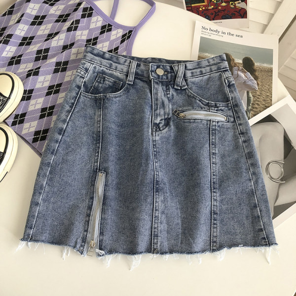 Lühike lukuga ja kõrge vöökohaga naiste teksaseelik