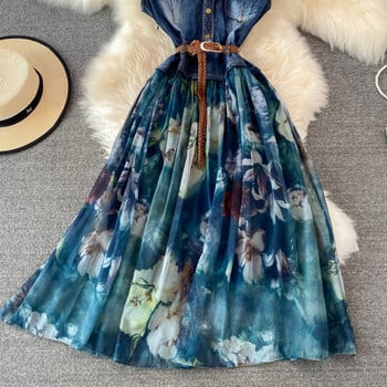 Γυναικείο μοντέρνο φόρεμα με ζώνη σε μπλε χρώμα