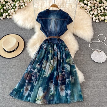 Γυναικείο μοντέρνο φόρεμα με ζώνη σε μπλε χρώμα