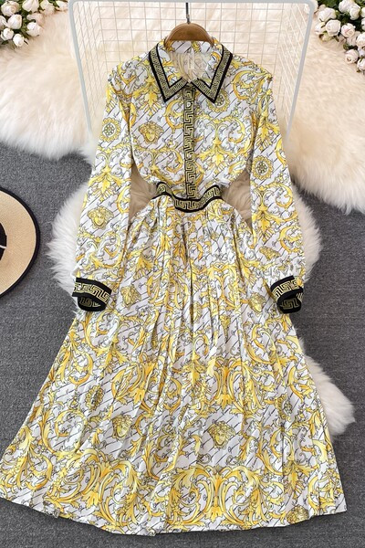 Naiste pikk värviline kleit klassikalise krae ja nööpidega