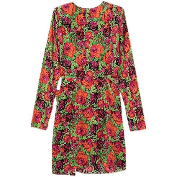 Naiste lilleline kleit pikkade varrukate ja V-kaelusega