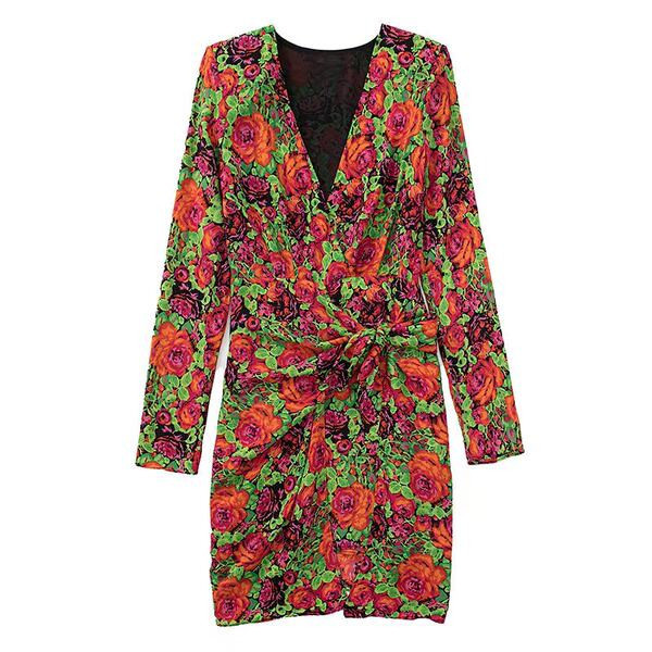 Naiste lilleline kleit pikkade varrukate ja V-kaelusega