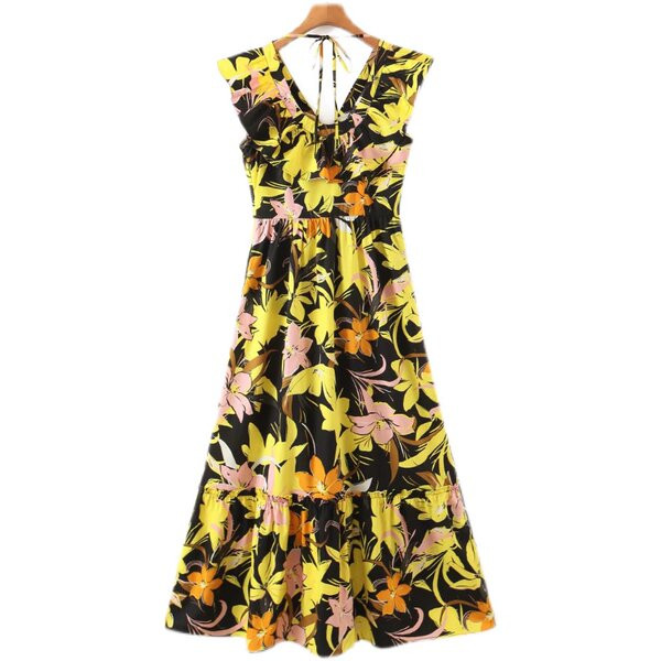 Lillemotiivide ja V-kaelusega naiste suvekleit