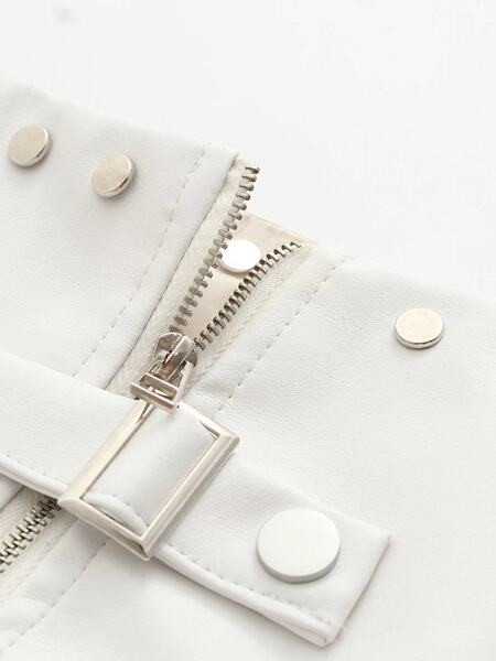 Fusta de dama din piele ecologica cu talie inalta - culoare alba