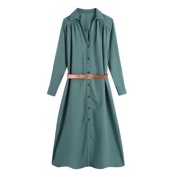 Naiste vabaaja kleit spitsikaelusega ja vööga