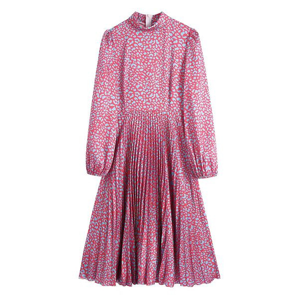 Naiste plisseeritud roosa pikkade varrukatega kleit