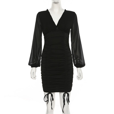 Rochie scurtă de damă, moale, cu decolteu spitz și cravate