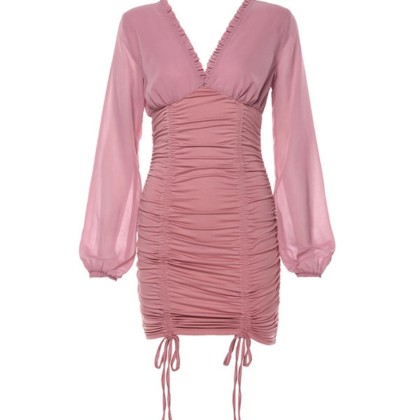 Rochie scurtă de damă, moale, cu decolteu spitz și cravate