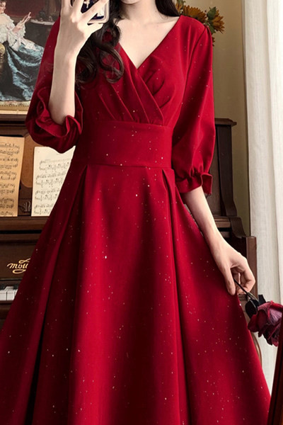 Rochie de dama rosie cu maneci 3/4