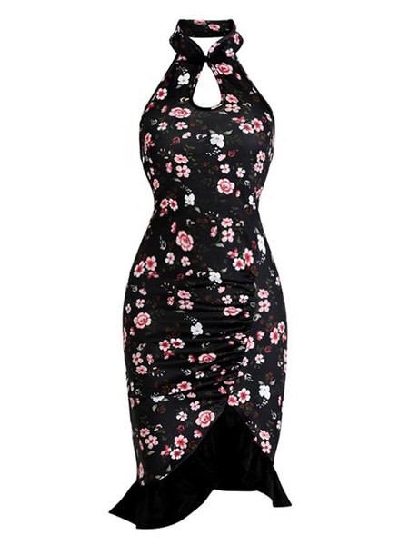 Lillemustriga naiste kleit - asümmeetriline muster