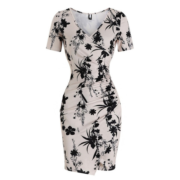 Lühike spitsikaelusega naiste kleit lühikeste varrukatega