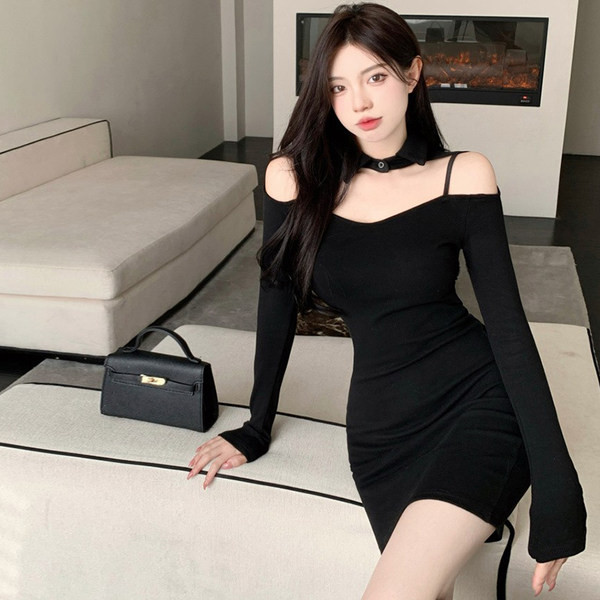 Εφαρμοσμένο γυναικείο φόρεμα με μακρυμάνικο δίχρωμο