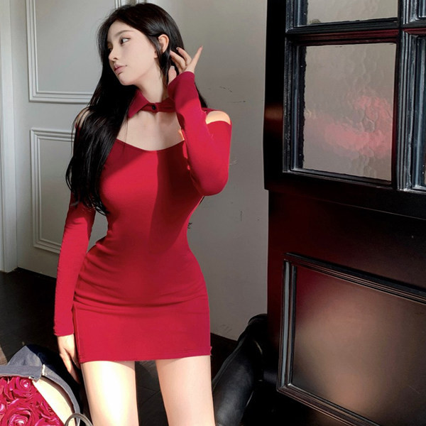 Εφαρμοσμένο γυναικείο φόρεμα με μακρυμάνικο δίχρωμο