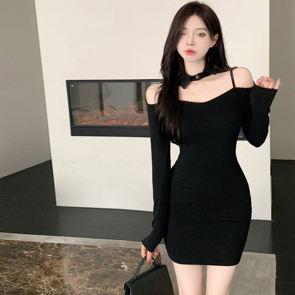 Εφαρμοσμένο γυναικείο φόρεμα με μακρυμάνικο δίχρωμο