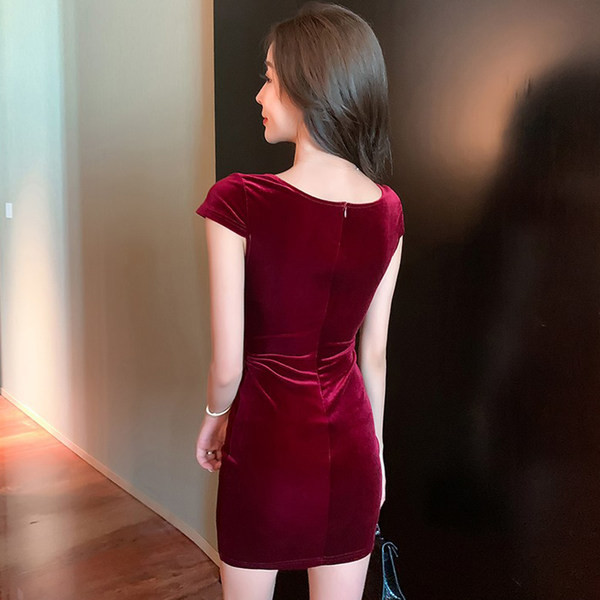 Rochie de dama cu maneci scurte de catifea si cravate incrucisate