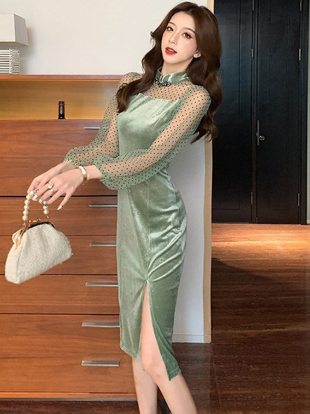 Rochie de dama lunga din catifea cu maneci din dantela